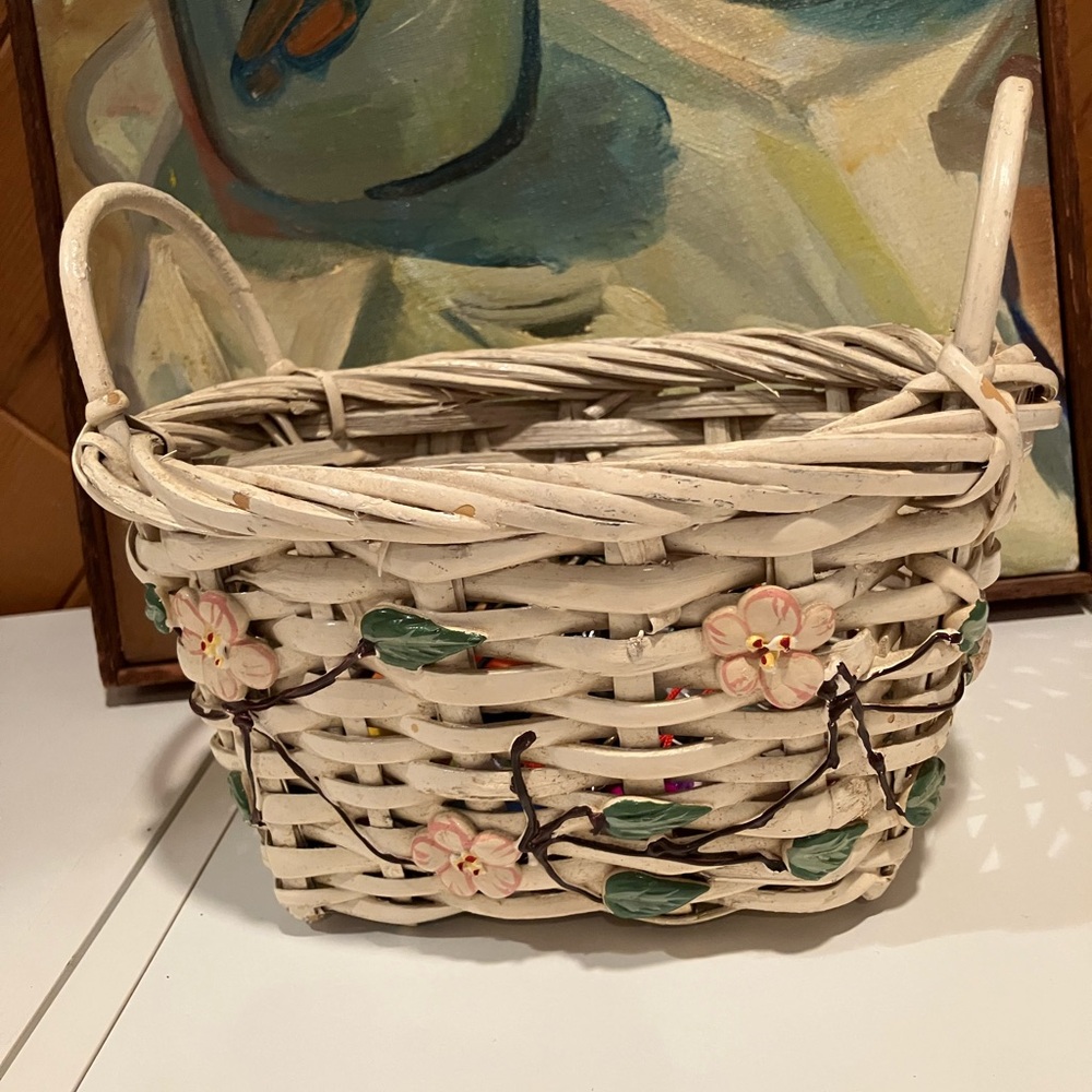 Floral Woven Basket with Handles hand painted - Picture 12 of 12